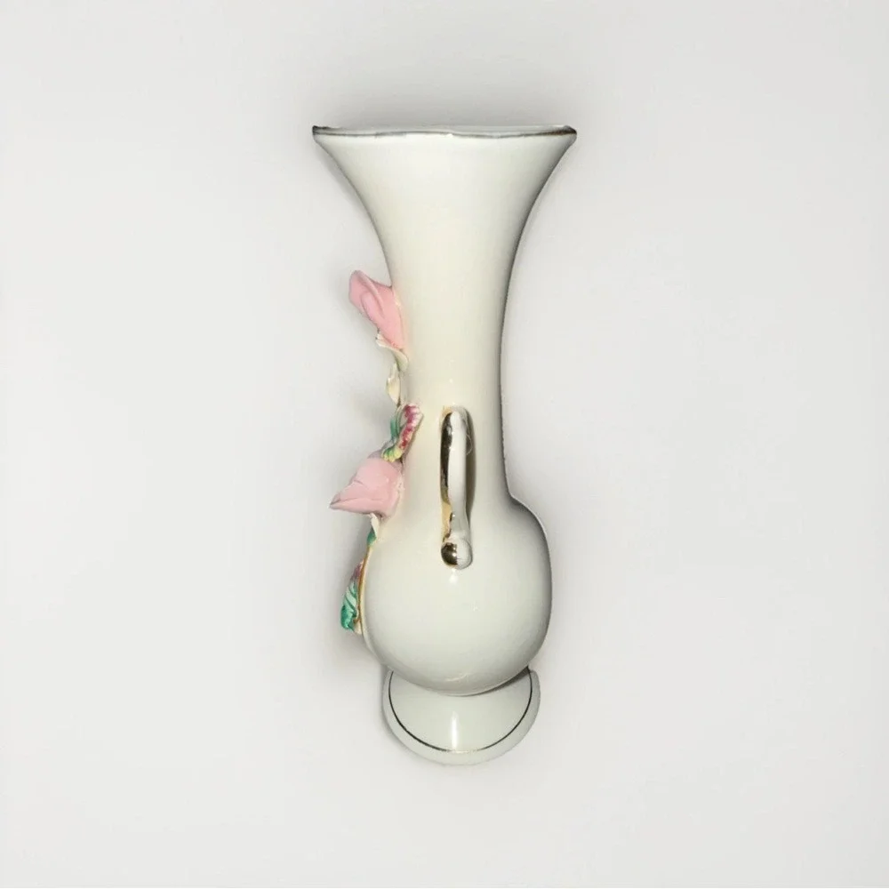Vintage Ucagco Ceramic Japan Vase w/Applied Pink Roses & Leaves & Gilt Handles